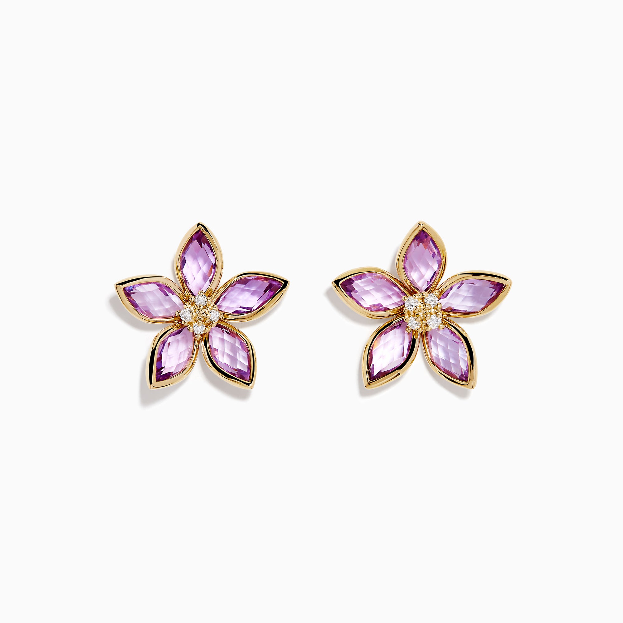 14K Yellow Gold Pink Amethyst and Diamond Flower Stud Earrings