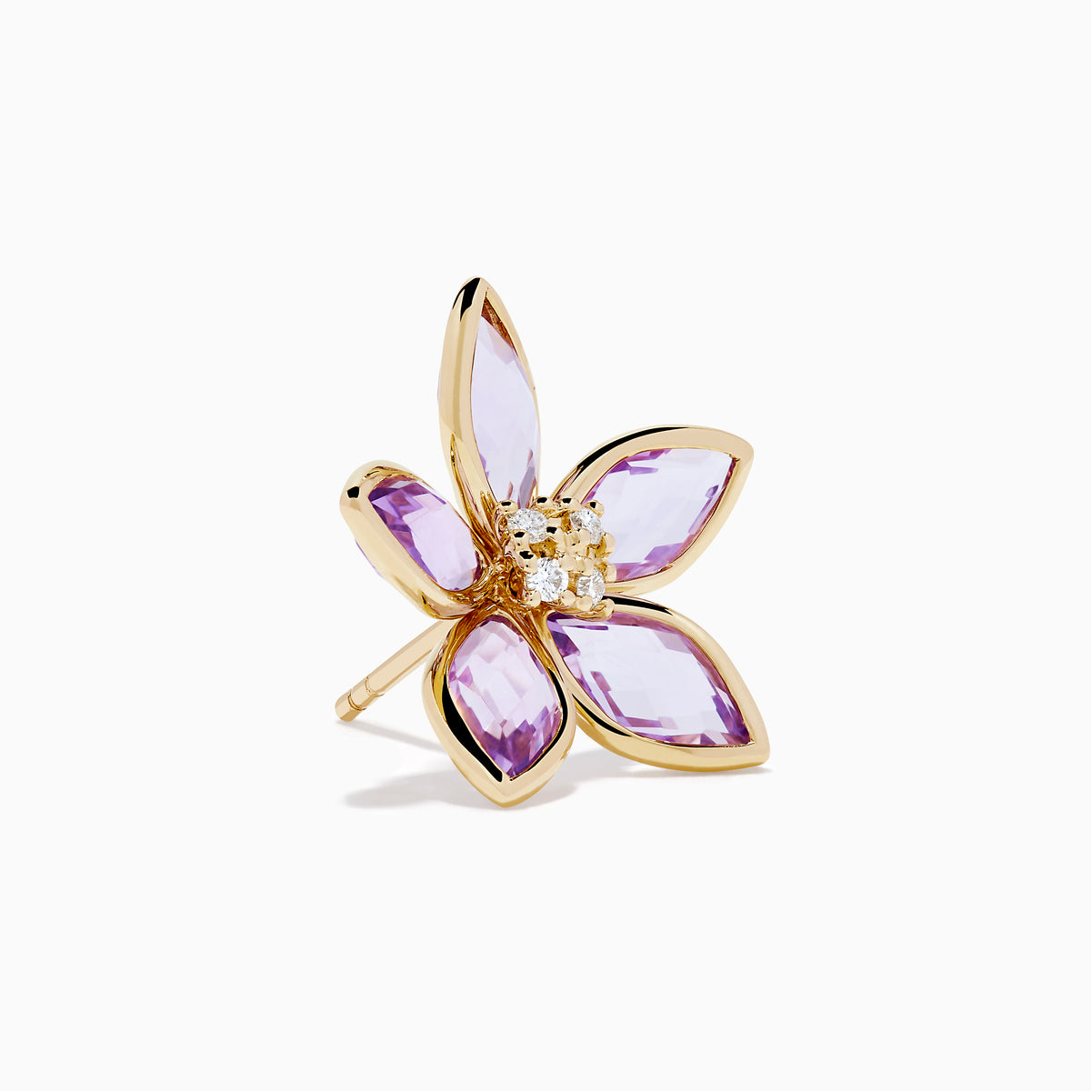 14K Yellow Gold Pink Amethyst and Diamond Flower Stud Earrings