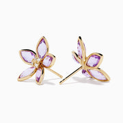 14K Yellow Gold Pink Amethyst and Diamond Flower Stud Earrings