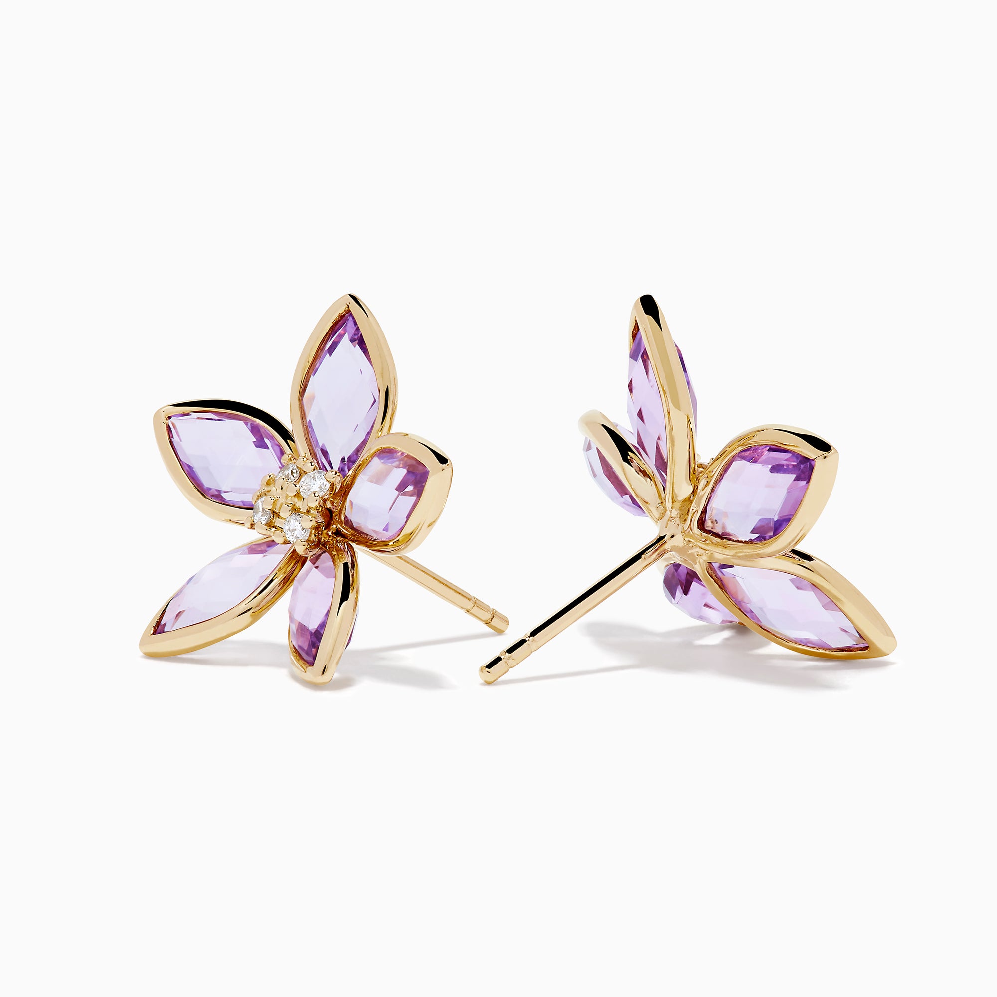 14K Yellow Gold Pink Amethyst and Diamond Flower Stud Earrings