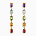 The Mosaic 14K Yellow Gold Multi Color Linear Drop Earrings showcase four vertically arranged rectangular gemstones—purple, blue, green, and orange—set in yellow gold against a white background.