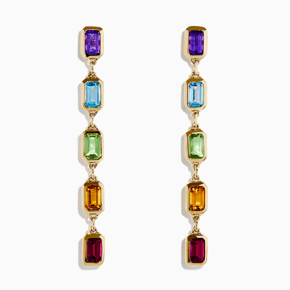The Mosaic 14K Yellow Gold Multi Color Linear Drop Earrings showcase four vertically arranged rectangular gemstones—purple, blue, green, and orange—set in yellow gold against a white background.