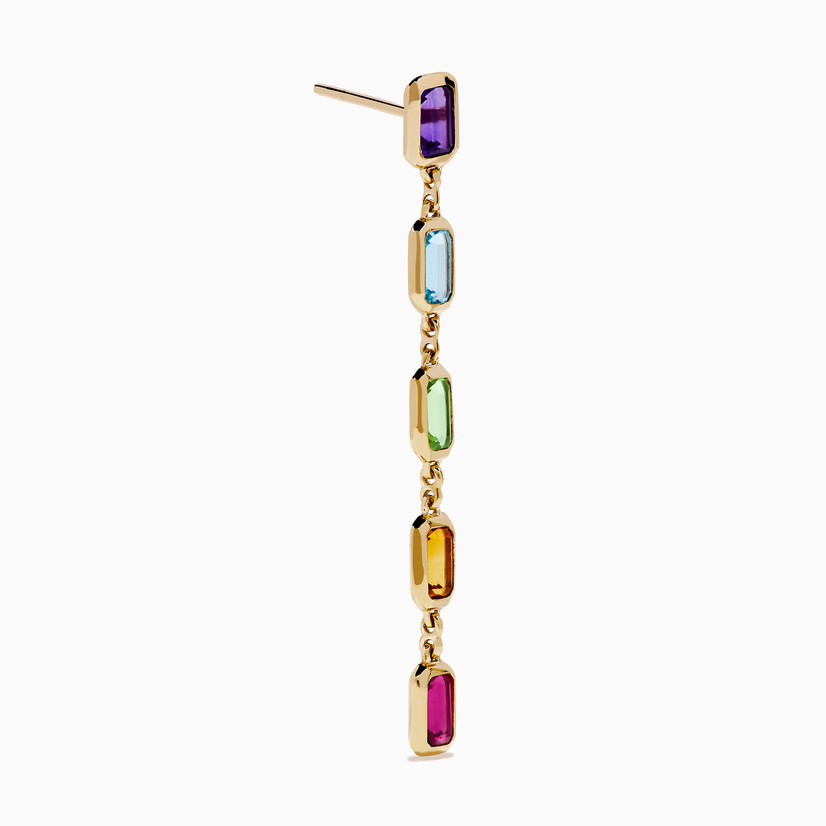 The Mosaic 14K Yellow Gold Multi Color Linear Drop Earrings showcase four vertically arranged rectangular gemstones—purple, blue, green, and orange—set in yellow gold against a white background.