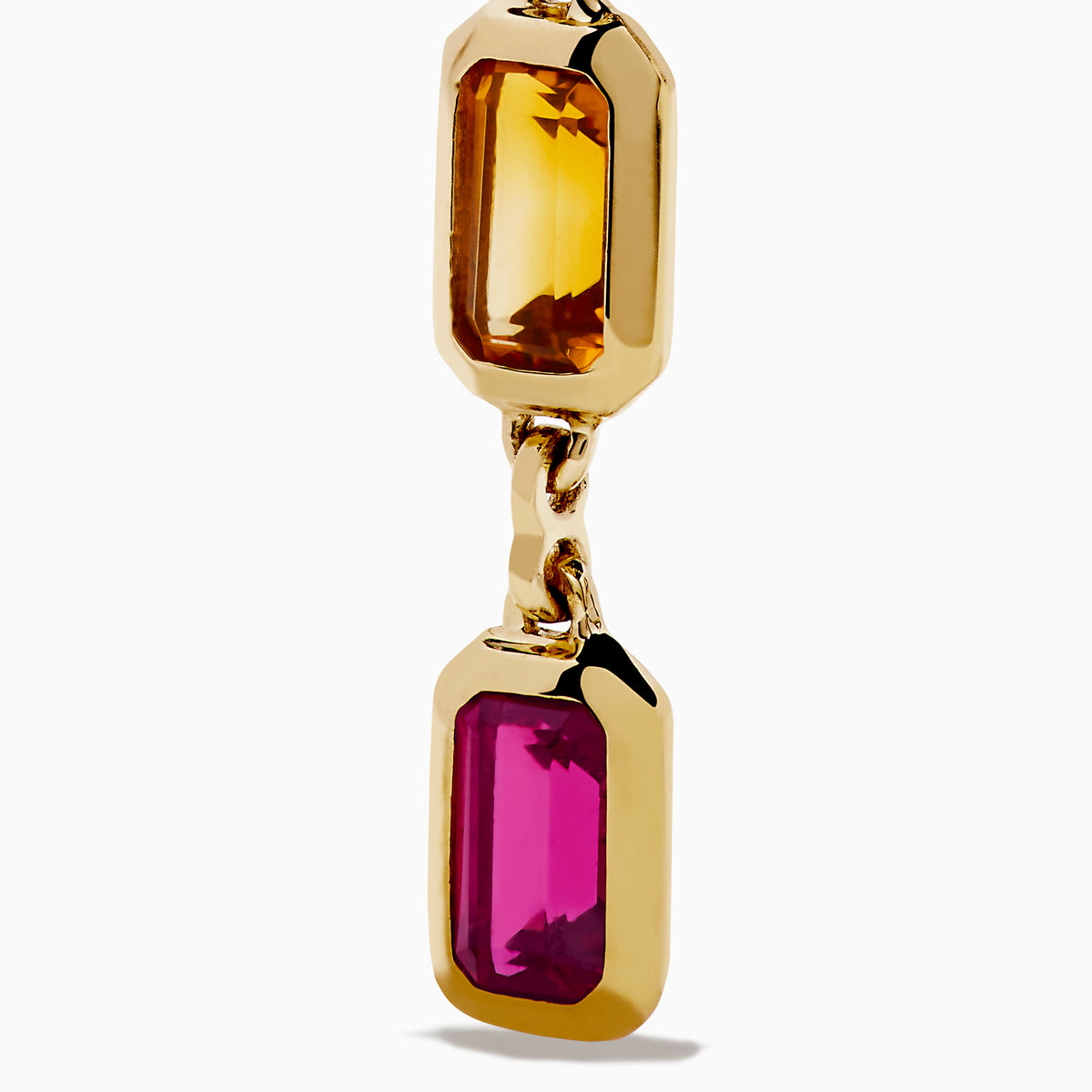 The Mosaic 14K Yellow Gold Multi Color Linear Drop Earrings showcase four vertically arranged rectangular gemstones—purple, blue, green, and orange—set in yellow gold against a white background.