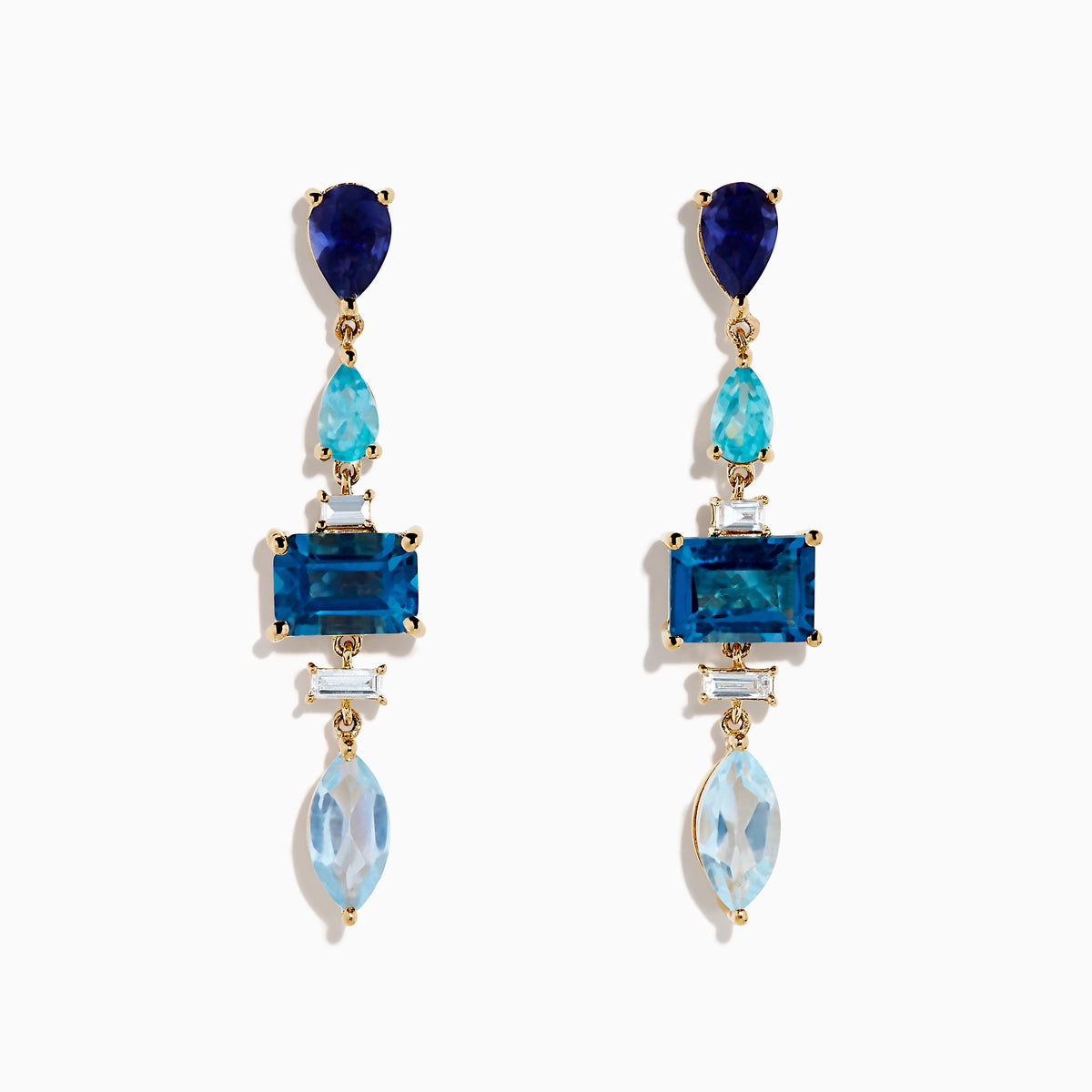 The 14K Yellow Gold Diamond Blue Topaz, Iolite and Apatite Earrings feature blue gemstones in teardrop, rectangular, and marquise shapes, arranged vertically for a colorful and elegant design.