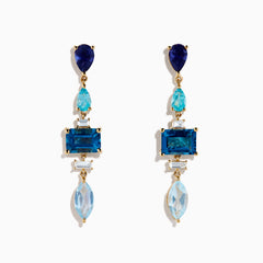 The 14K Yellow Gold Diamond Blue Topaz, Iolite and Apatite Earrings feature blue gemstones in teardrop, rectangular, and marquise shapes, arranged vertically for a colorful and elegant design.