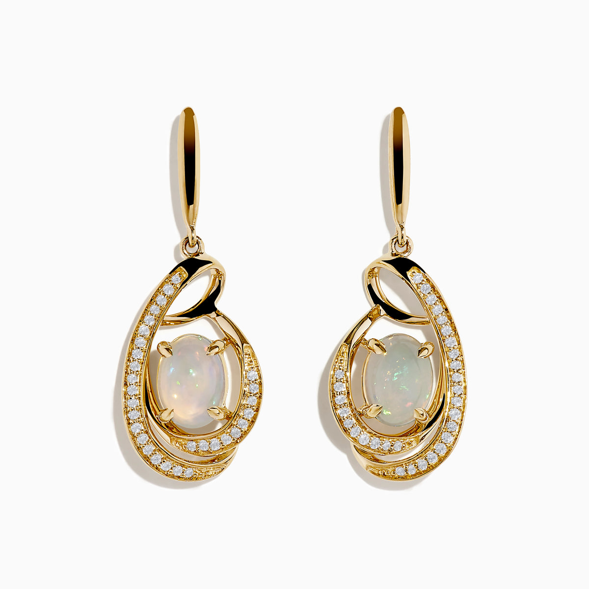 Introducing the Aurora 14K Yellow Gold Opal and Diamond Earrings, featuring oval opals encircled by sparkling diamonds and finished with a graceful swirl design.