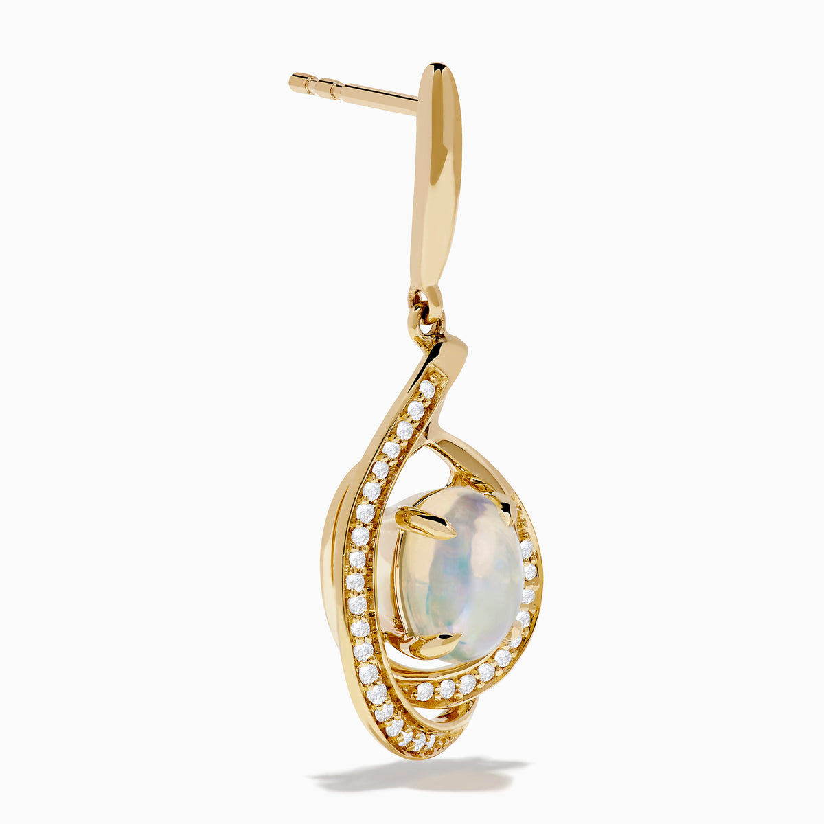 Introducing the Aurora 14K Yellow Gold Opal and Diamond Earrings, featuring oval opals encircled by sparkling diamonds and finished with a graceful swirl design.