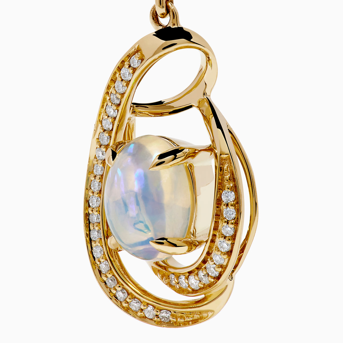 Introducing the Aurora 14K Yellow Gold Opal and Diamond Earrings, featuring oval opals encircled by sparkling diamonds and finished with a graceful swirl design.