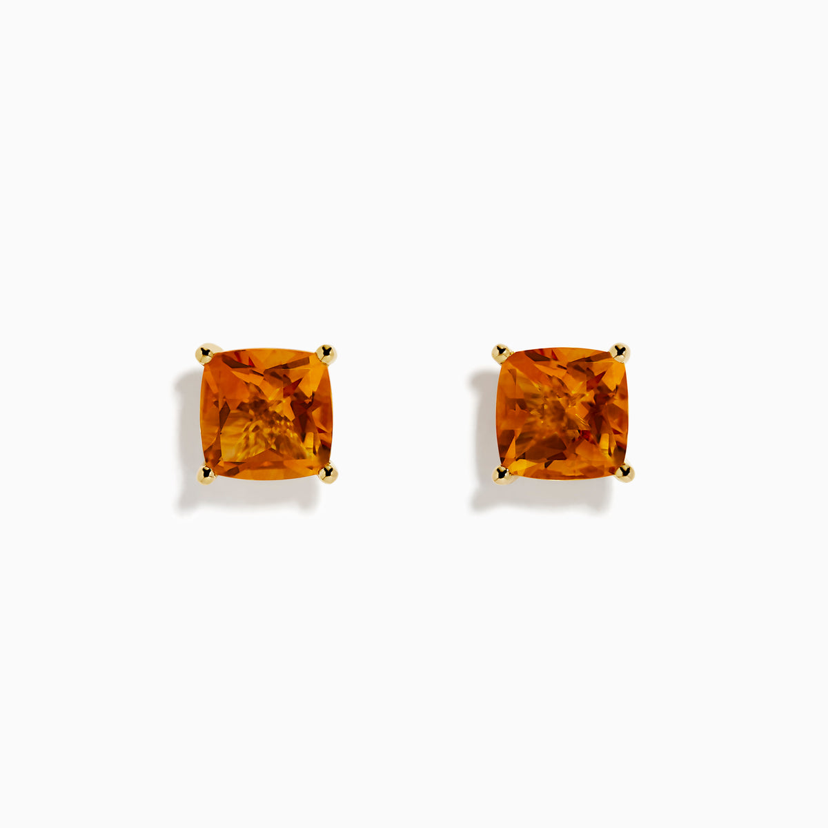 The Sunset 14K Yellow Gold Citrine Stud Earrings feature cushion-cut orange gemstones, displayed on a white background—an elegant choice for any occasion.