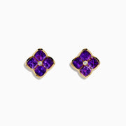 14K Yellow Gold Amethyst and Diamond Earrings featuring four-petaled flower shapes with vivid amethyst petals and a central round diamond, shown on a white background—ideal as elegant statement earrings.