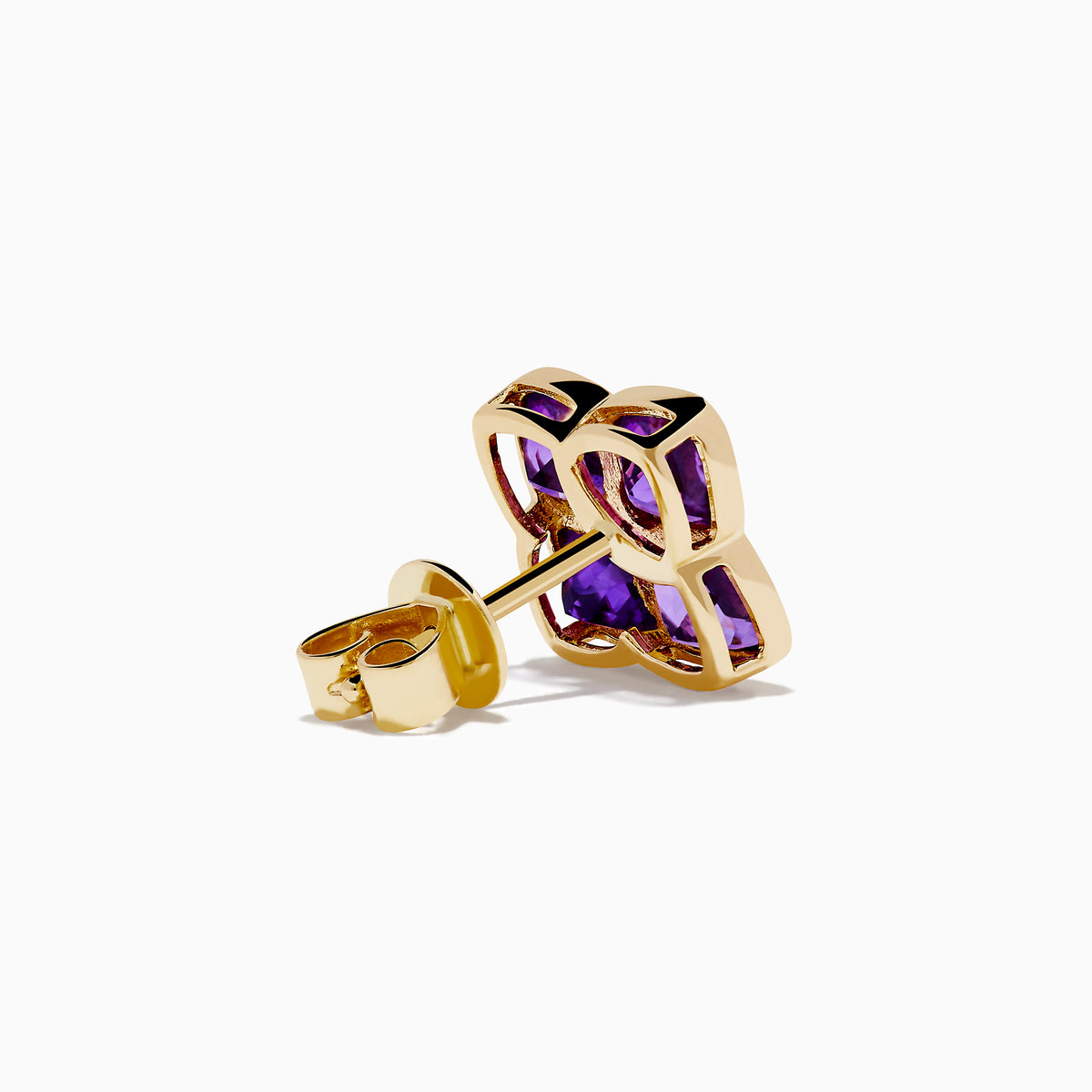 14K Yellow Gold Amethyst and Diamond Earrings featuring four-petaled flower shapes with vivid amethyst petals and a central round diamond, shown on a white background—ideal as elegant statement earrings.