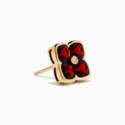 14K Yellow Gold Garnet and Diamond Earrings featuring four-petaled flower studs with deep red garnet petals and a small diamond center, shown on a white background.