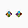 The Mosaic 14K Yellow Gold Multi Color Gemstones and Diamond Earrings feature a floral design with blue, purple, orange, and green gemstone petals and a small center diamond.