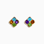 The Mosaic 14K Yellow Gold Multi Color Gemstones and Diamond Earrings feature a floral design with blue, purple, orange, and green gemstone petals and a small center diamond.