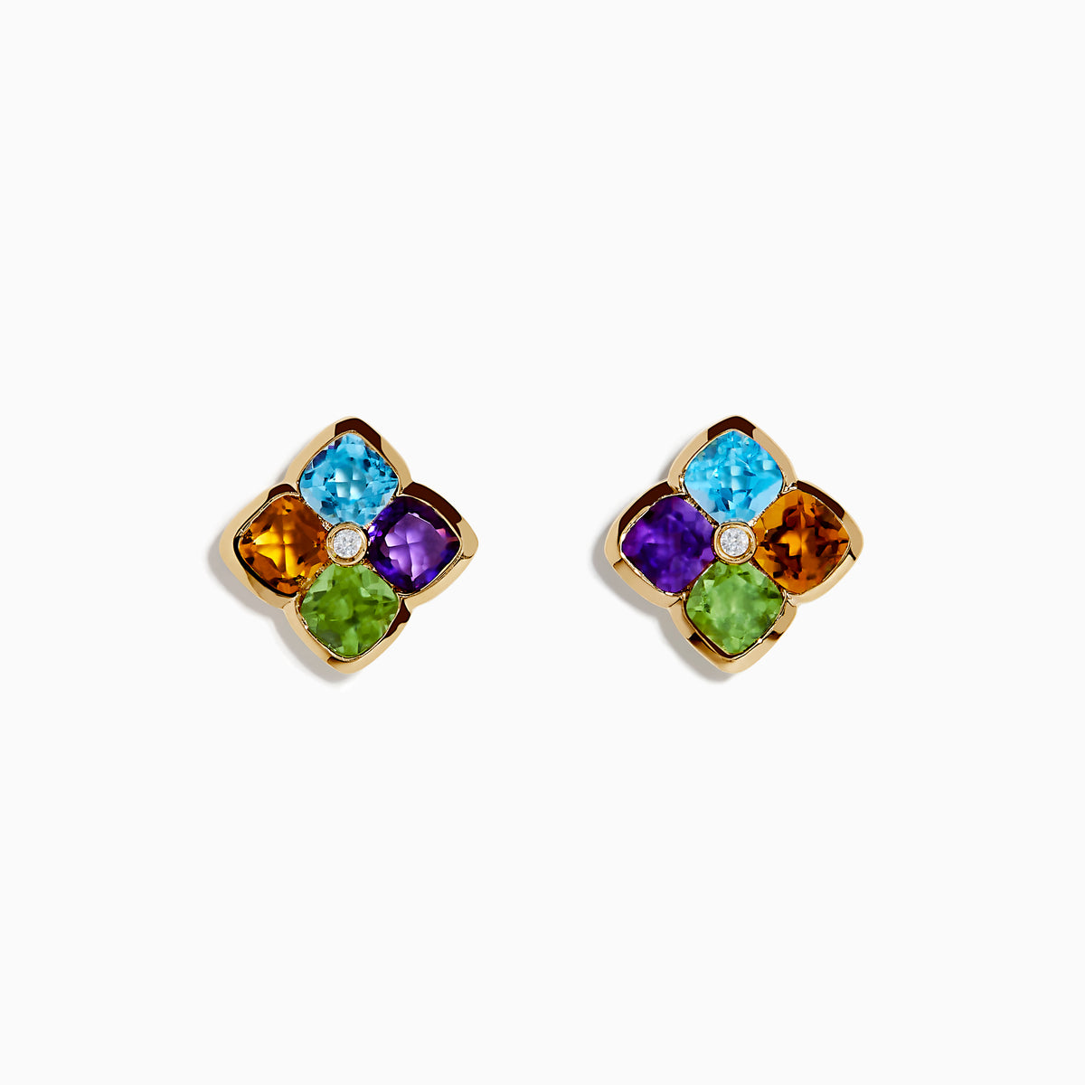 The Mosaic 14K Yellow Gold Multi Color Gemstones and Diamond Earrings feature a floral design with blue, purple, orange, and green gemstone petals and a small center diamond.
