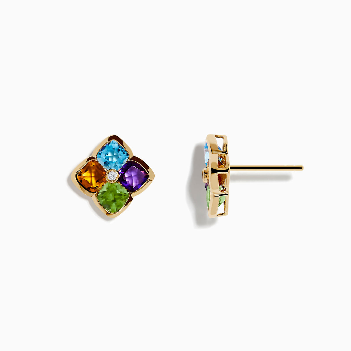 The Mosaic 14K Yellow Gold Multi Color Gemstones and Diamond Earrings feature a floral design with blue, purple, orange, and green gemstone petals and a small center diamond.