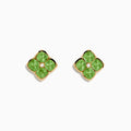 The 14K Yellow Gold Peridot and Diamond Earrings are four-petal flower studs featuring peridot gemstones on each petal with a central diamond, displayed against a white background.