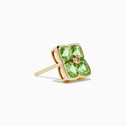 The 14K Yellow Gold Peridot and Diamond Earrings are four-petal flower studs featuring peridot gemstones on each petal with a central diamond, displayed against a white background.