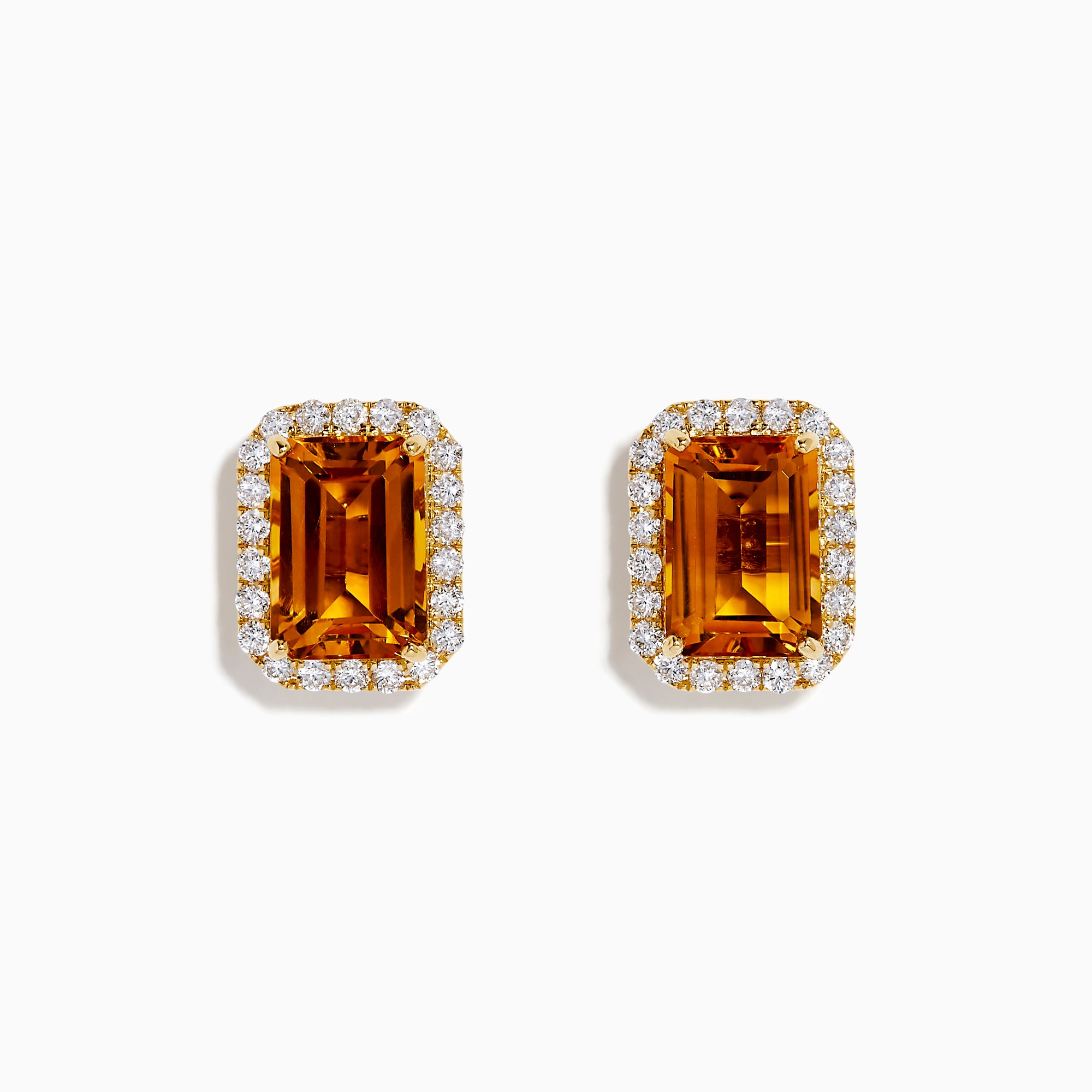 The 14K Yellow Gold Citrine and Diamond Halo Earrings feature rectangular emerald-cut citrine stones encircled by a diamond halo, displayed on a plain white background.
