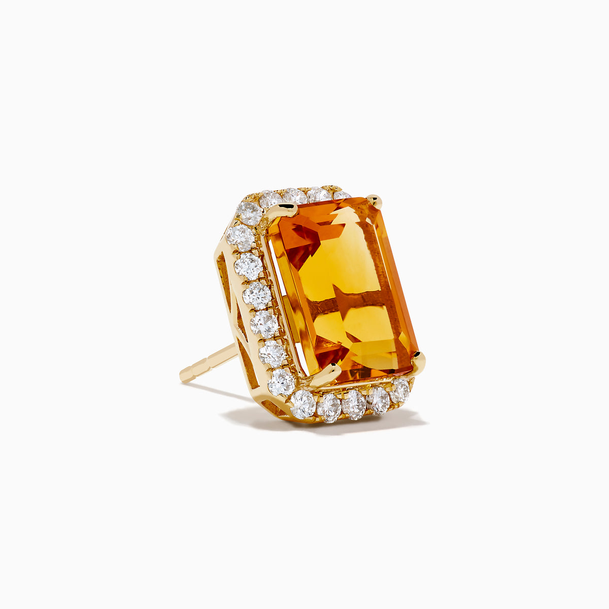 The 14K Yellow Gold Citrine and Diamond Halo Earrings feature rectangular emerald-cut citrine stones encircled by a diamond halo, displayed on a plain white background.