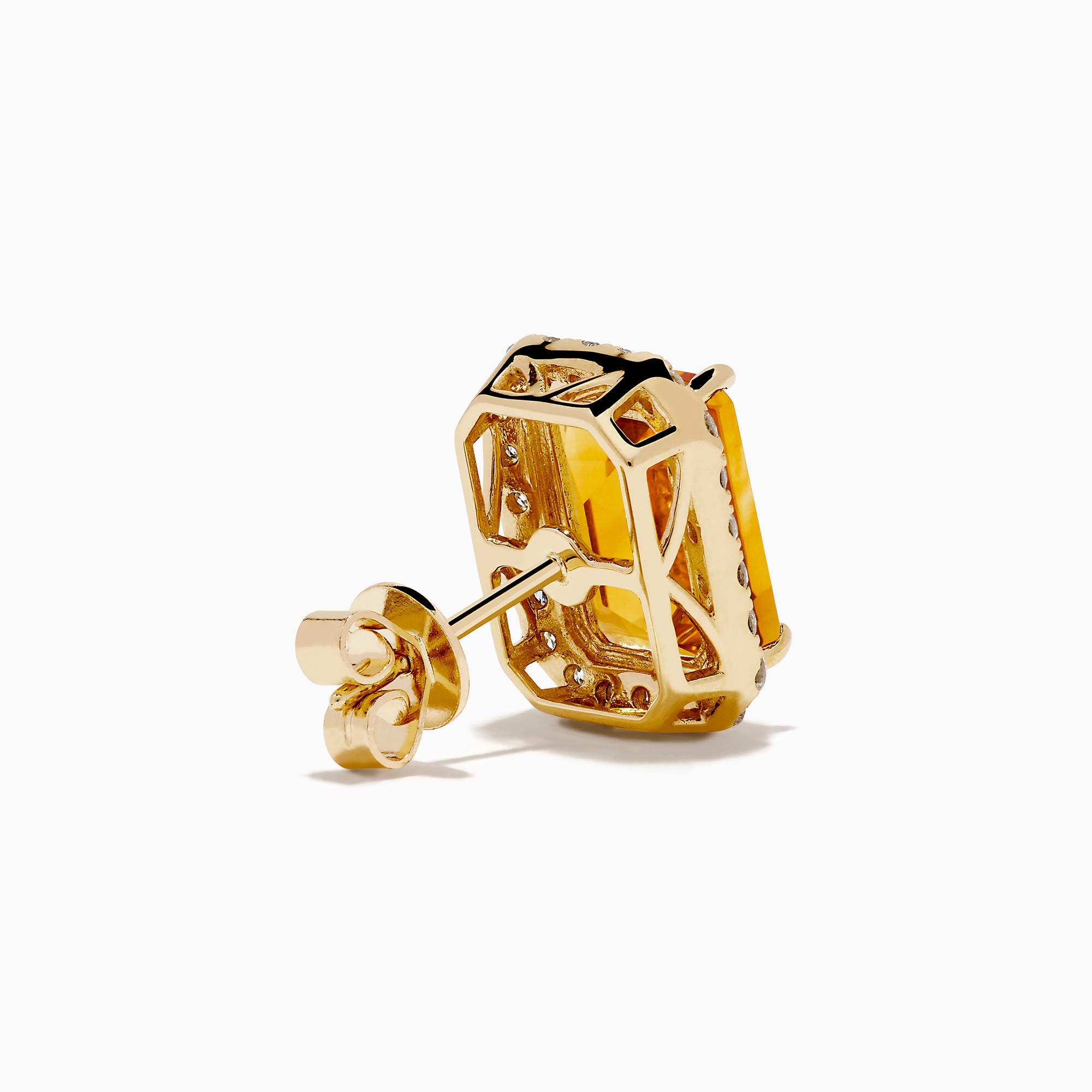 The 14K Yellow Gold Citrine and Diamond Halo Earrings feature rectangular emerald-cut citrine stones encircled by a diamond halo, displayed on a plain white background.