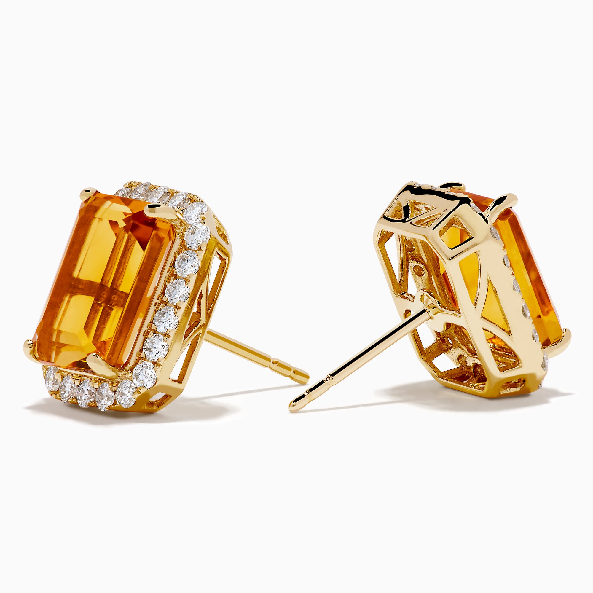 The 14K Yellow Gold Citrine and Diamond Halo Earrings feature rectangular emerald-cut citrine stones encircled by a diamond halo, displayed on a plain white background.