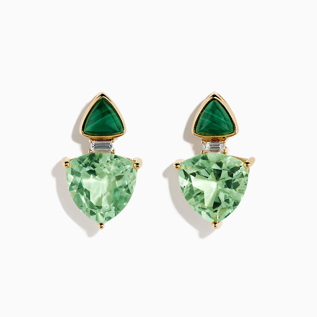 14K yellow gold drop earrings with triangular malachite tops, larger pear-shaped green amethyst drops, diamond accents, set against a white background.