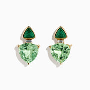 14K yellow gold drop earrings with triangular malachite tops, larger pear-shaped green amethyst drops, diamond accents, set against a white background.