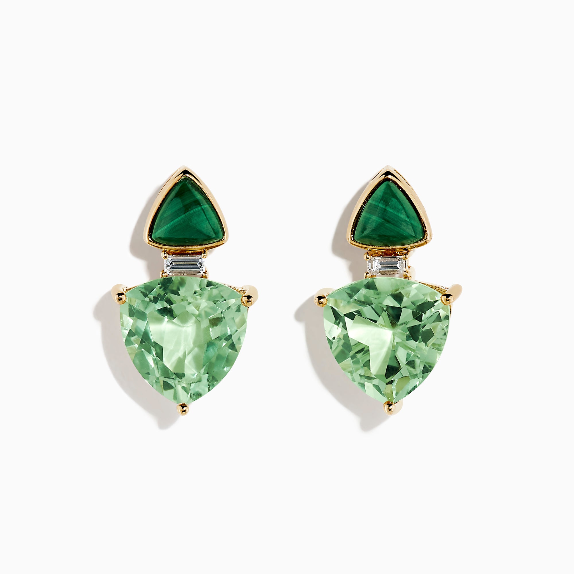 14K yellow gold drop earrings with triangular malachite tops, larger pear-shaped green amethyst drops, diamond accents, set against a white background.