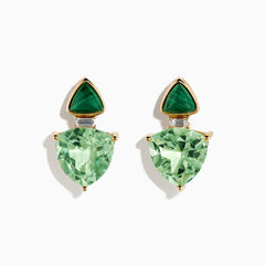 14K yellow gold drop earrings with triangular malachite tops, larger pear-shaped green amethyst drops, diamond accents, set against a white background.