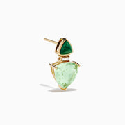14K yellow gold drop earrings with triangular malachite tops, larger pear-shaped green amethyst drops, diamond accents, set against a white background.