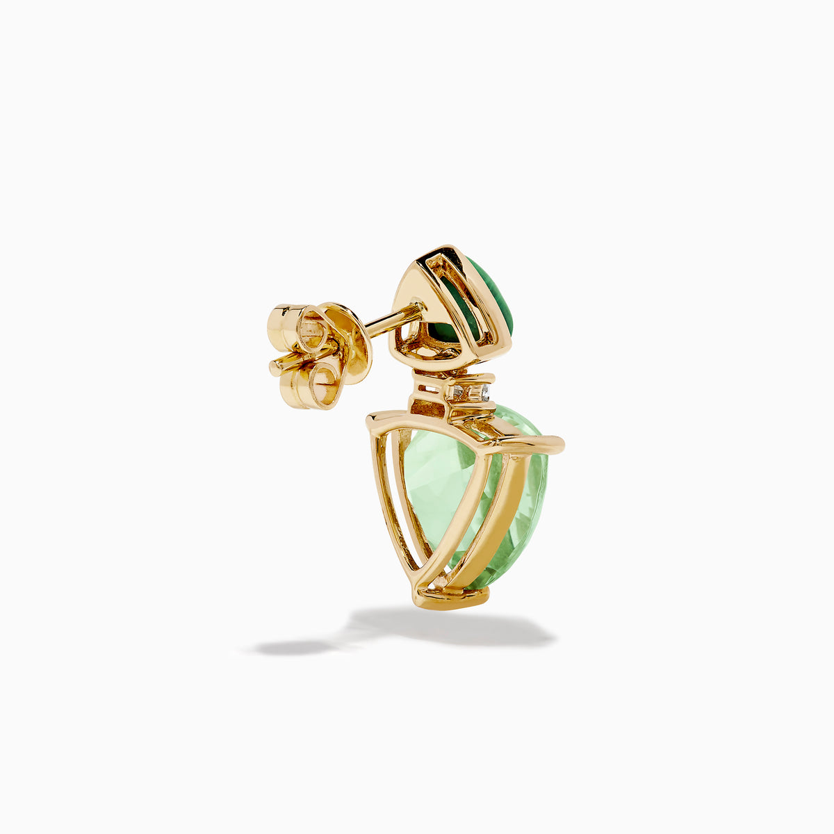 14K yellow gold drop earrings with triangular malachite tops, larger pear-shaped green amethyst drops, diamond accents, set against a white background.