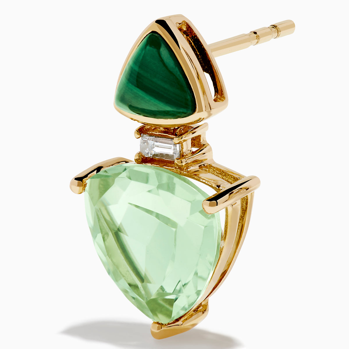 14K yellow gold drop earrings with triangular malachite tops, larger pear-shaped green amethyst drops, diamond accents, set against a white background.