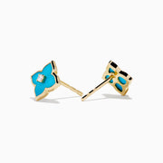 14K Yellow Gold Turquoise and Diamond Quatrefoil Stud Earrings
