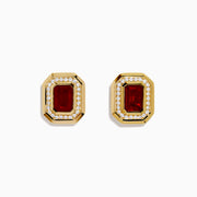 14K Yellow Gold Fire Opal and Diamond Octagonal Halo Stud Earrings