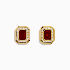 14K Yellow Gold Fire Opal and Diamond Octagonal Halo Stud Earrings