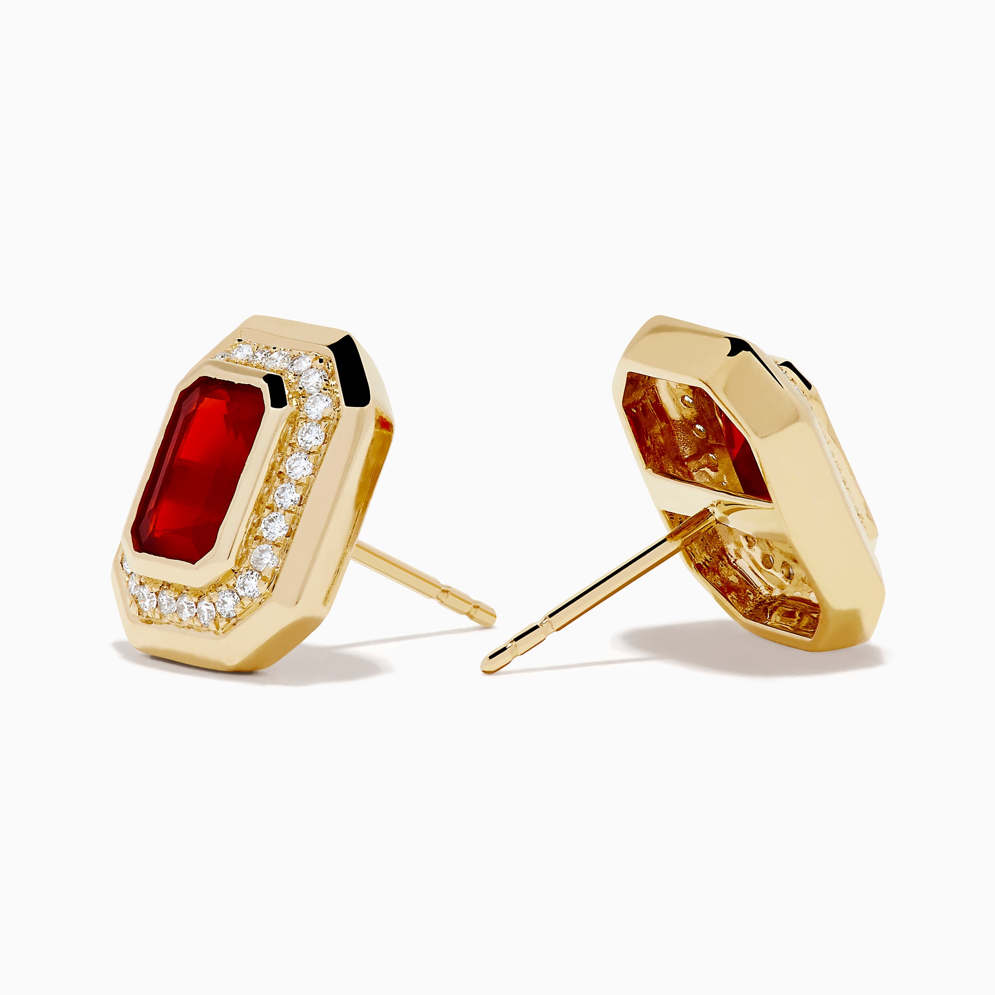 14K Yellow Gold Fire Opal and Diamond Octagonal Halo Stud Earrings