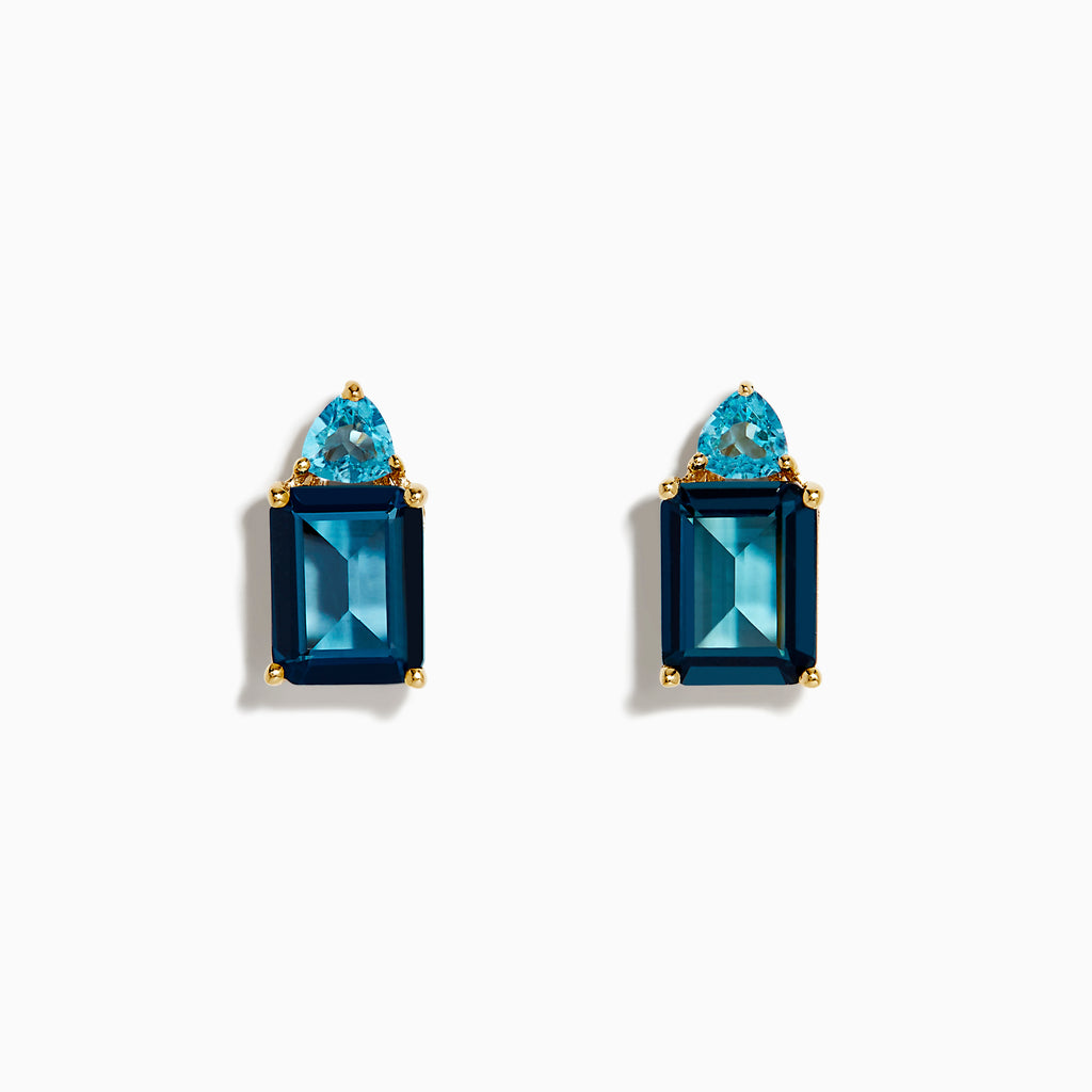 A pair of 14K Yellow Gold Sky Blue and London Blue Topaz Stud Earrings, featuring rectangular dark blue stones and teardrop-shaped light blue accents, shown on a white background.