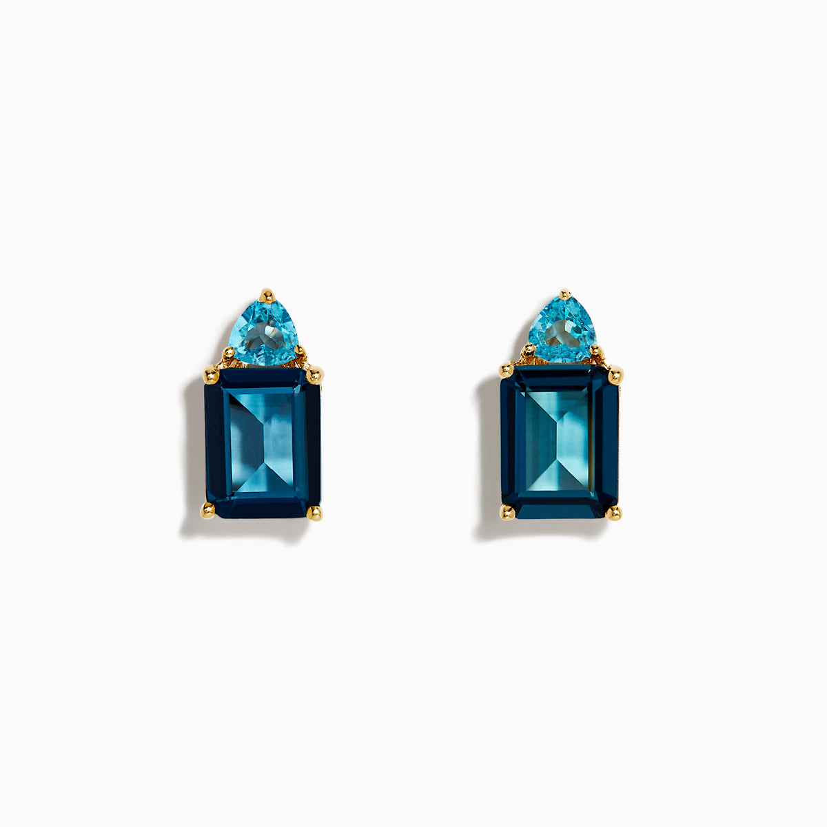 A pair of 14K Yellow Gold Sky Blue and London Blue Topaz Stud Earrings, featuring rectangular dark blue stones and teardrop-shaped light blue accents, shown on a white background.