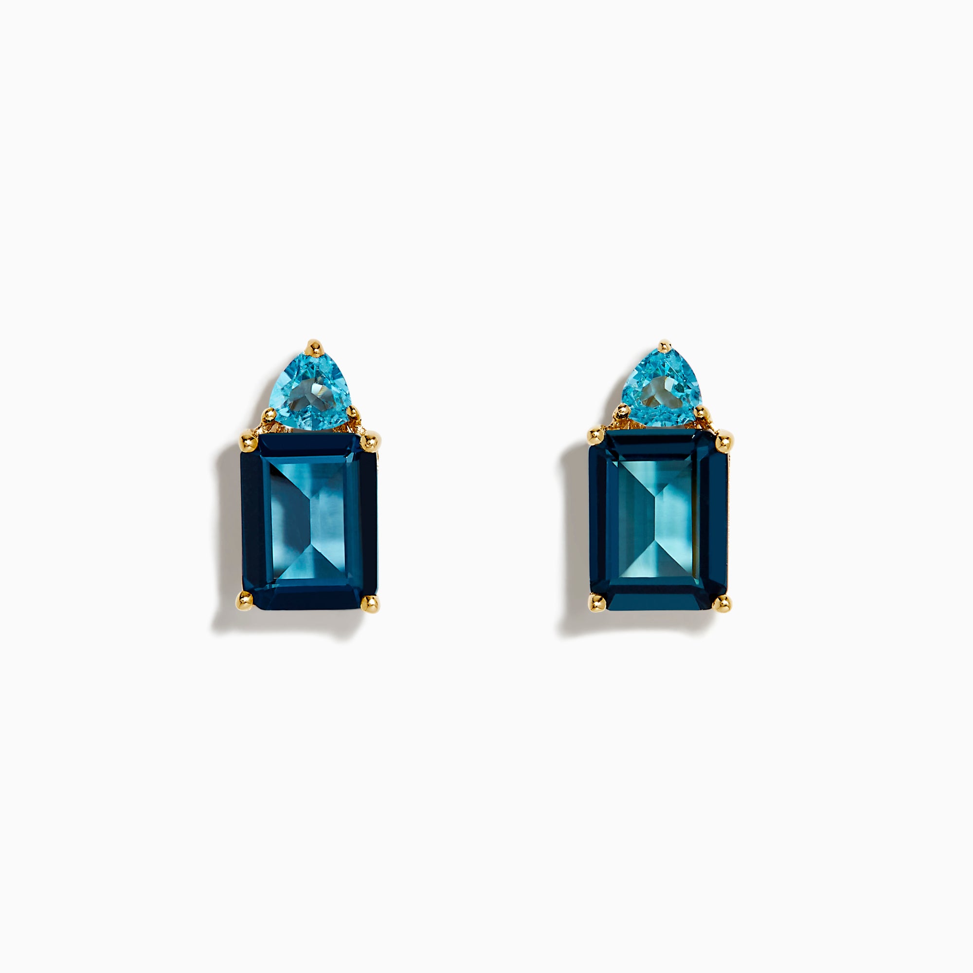 A pair of 14K Yellow Gold Sky Blue and London Blue Topaz Stud Earrings, featuring rectangular dark blue stones and teardrop-shaped light blue accents, shown on a white background.
