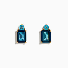 A pair of 14K Yellow Gold Sky Blue and London Blue Topaz Stud Earrings, featuring rectangular dark blue stones and teardrop-shaped light blue accents, shown on a white background.