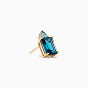 A pair of 14K Yellow Gold Sky Blue and London Blue Topaz Stud Earrings, featuring rectangular dark blue stones and teardrop-shaped light blue accents, shown on a white background.