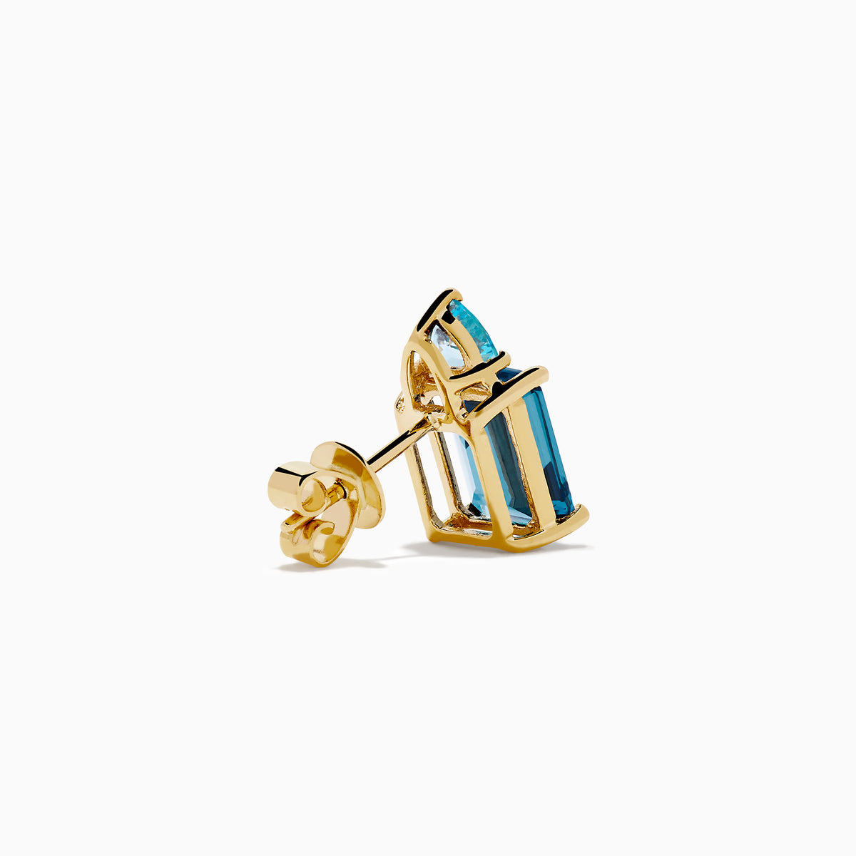 A pair of 14K Yellow Gold Sky Blue and London Blue Topaz Stud Earrings, featuring rectangular dark blue stones and teardrop-shaped light blue accents, shown on a white background.