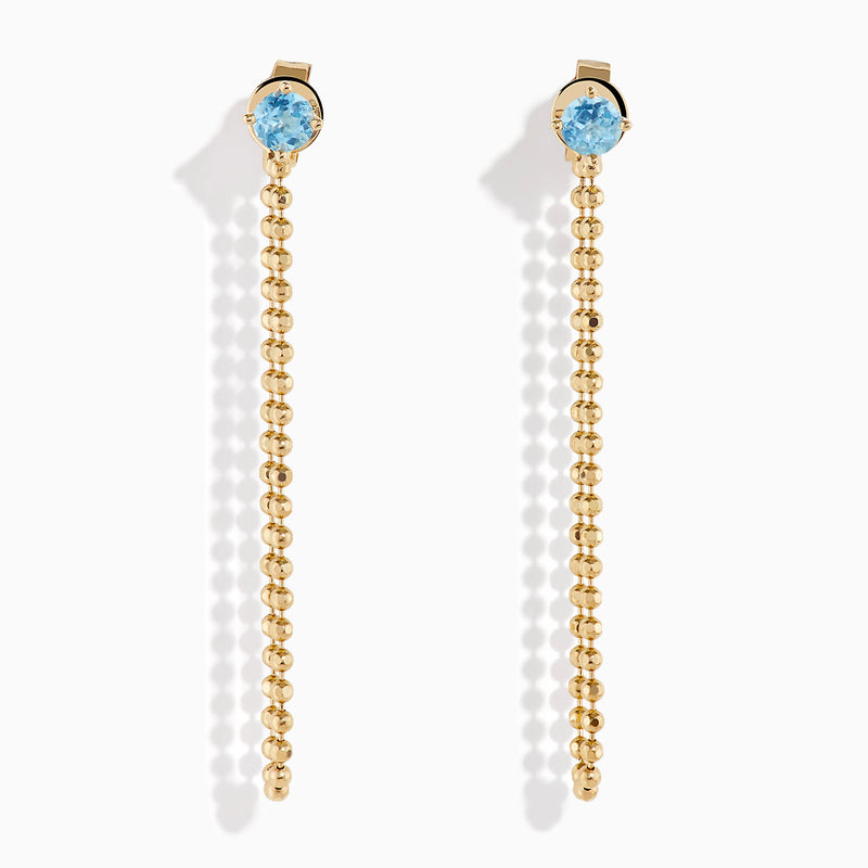 14K Yellow Gold Blue Topaz Beaded Chain Drop Earrings