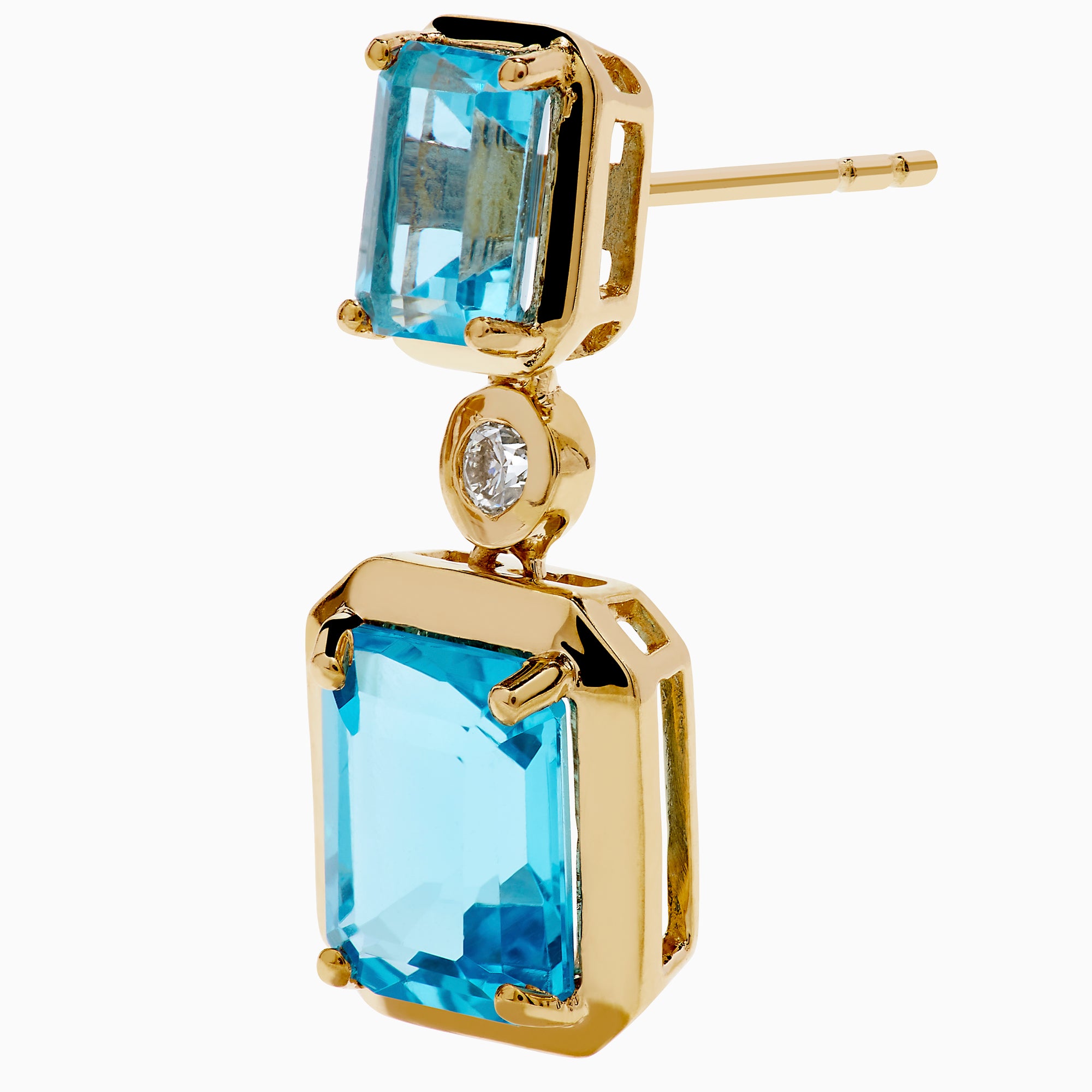 Elegant and symmetrical, the 14K Yellow Gold Blue Topaz and Diamond Drop Earrings display rectangular blue topaz stones with smaller gems above, separated by a sparkling diamond drop, set against a white background.