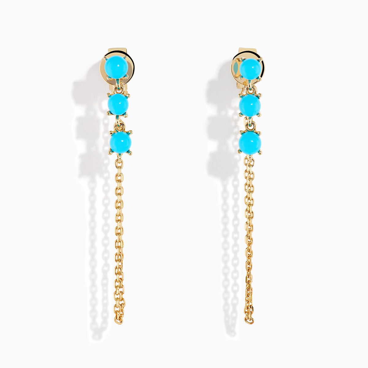 14K Yellow Gold Cabochon Turquoise Drop Chain Earrings