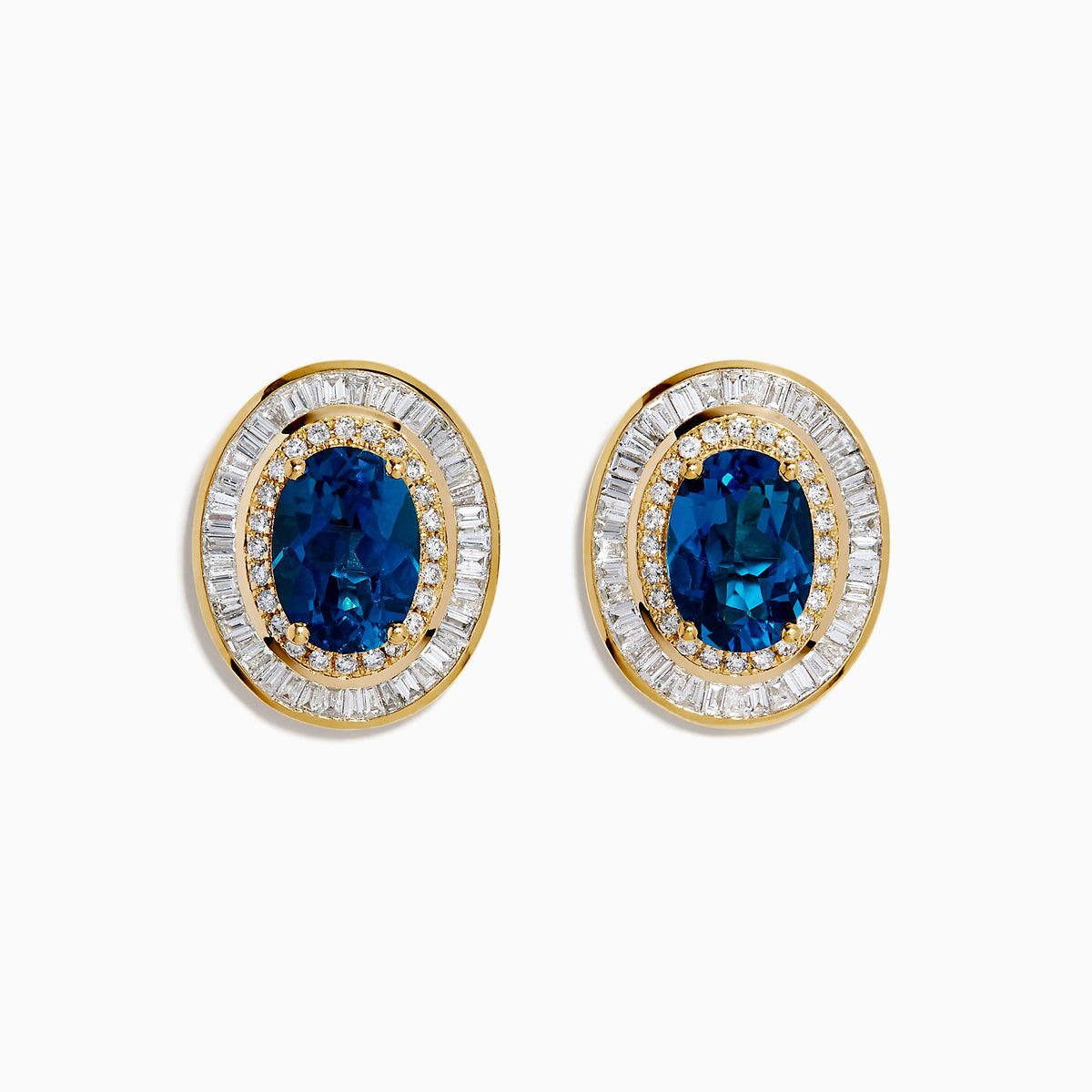 14K Yellow Gold Blue Topaz and Diamond Double Halo Stud Earrings