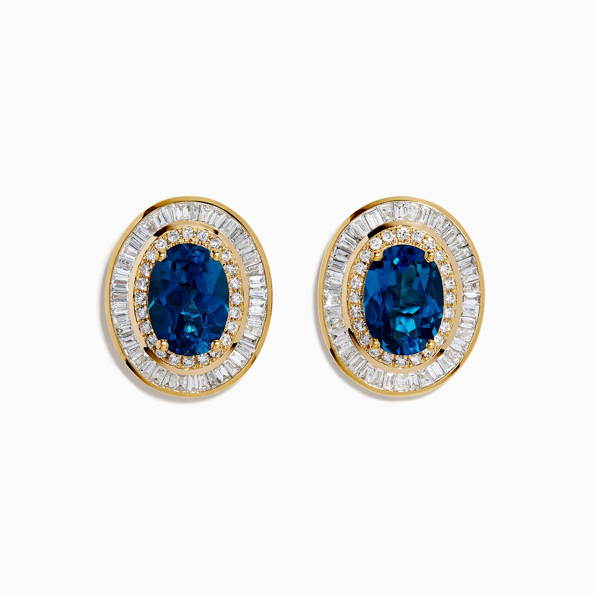 14K Yellow Gold Blue Topaz and Diamond Double Halo Stud Earrings