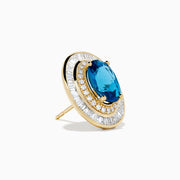 14K Yellow Gold Blue Topaz and Diamond Double Halo Stud Earrings